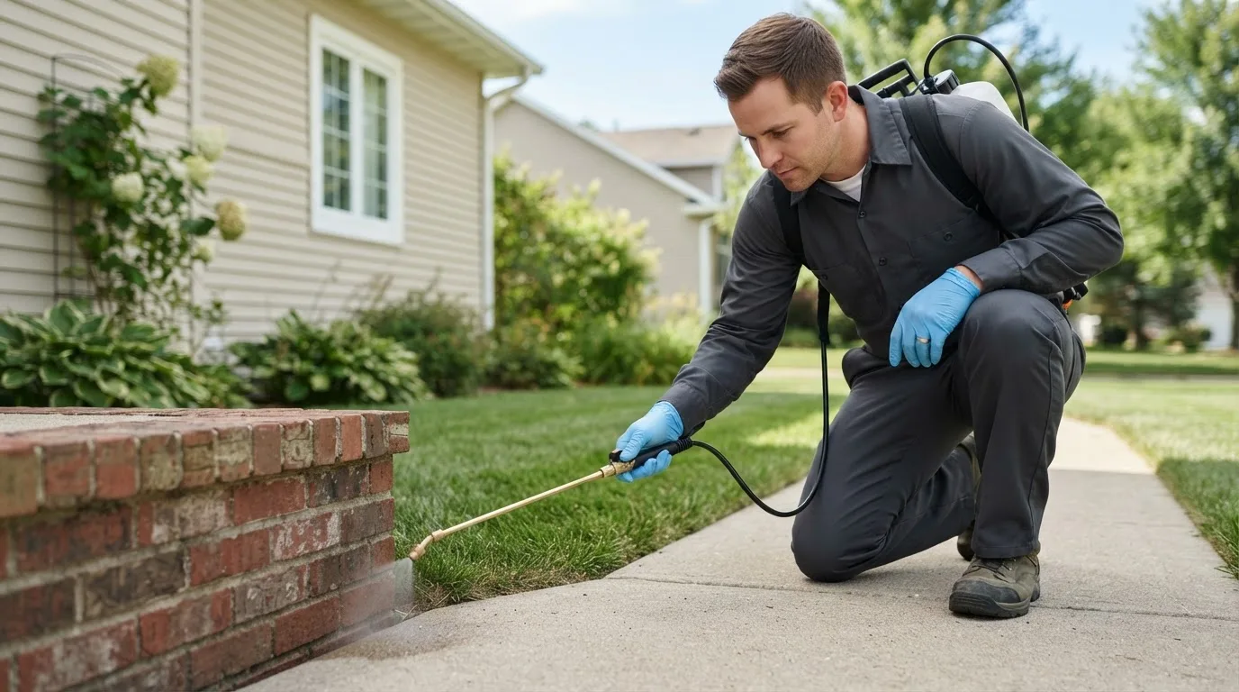 Pest control technician treating a home near Milan, MN